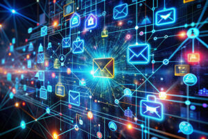 AC - RQTech - RQTech Central glowing yellow envelope at the center connected to neon blue email icons in a futuristic digital network visualization.