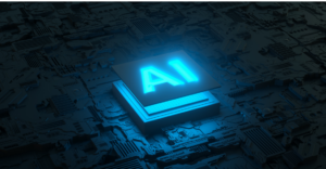 Glowing blue AI chip atop layered circuit boards in a dark, high-tech setting (AI concept).